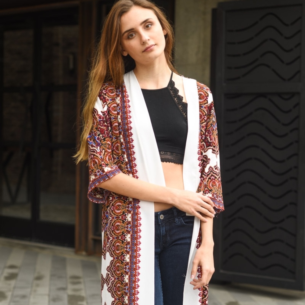 Long Line Moroccan Print Kimono Fall Floral White - Picture 2 of 7